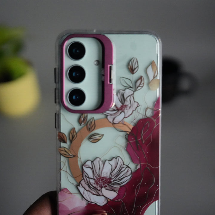 Galaxy S25 FloraCrystal Clear Floral Design Case with Color Metal Camera Stand Frame