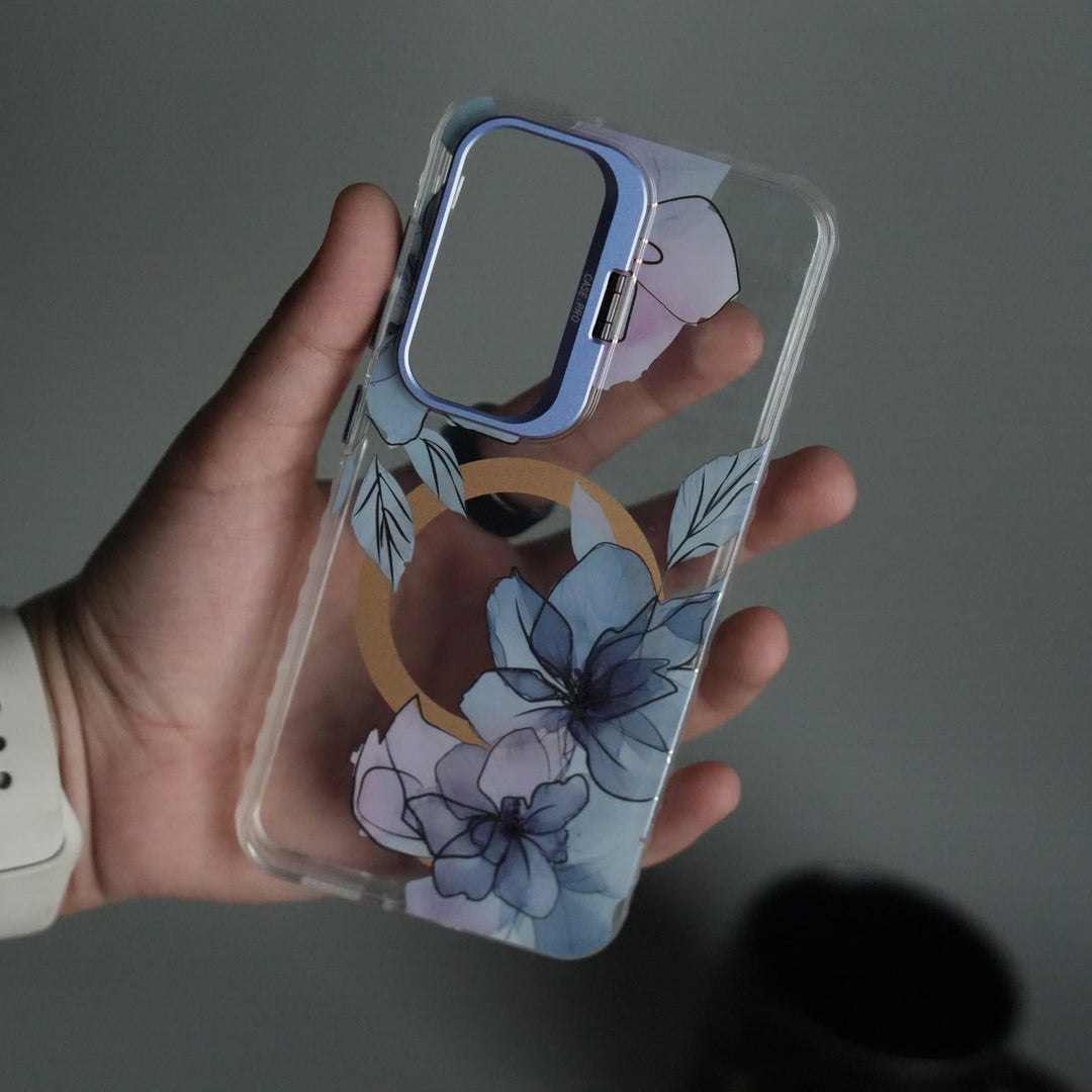 Galaxy S25 FloraCrystal Clear Floral Design Case with Color Metal Camera Stand Frame