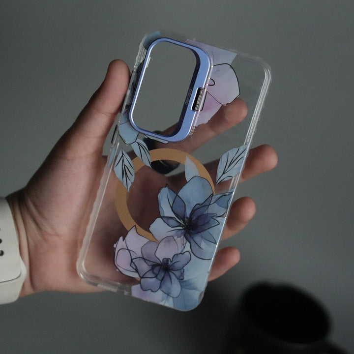 Galaxy S25 FloraCrystal Clear Floral Design Case with Color Metal Camera Stand Frame