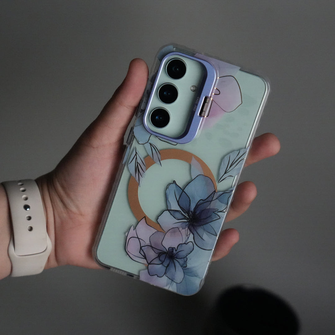 Galaxy S25 FloraCrystal Clear Floral Design Case with Color Metal Camera Stand Frame