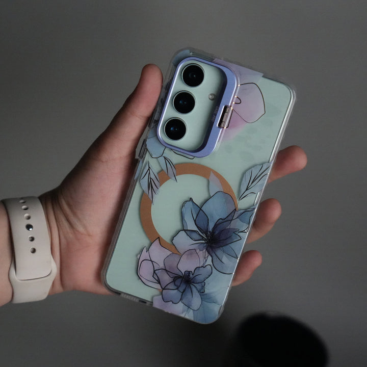 Galaxy S25 FloraCrystal Clear Floral Design Case with Color Metal Camera Stand Frame