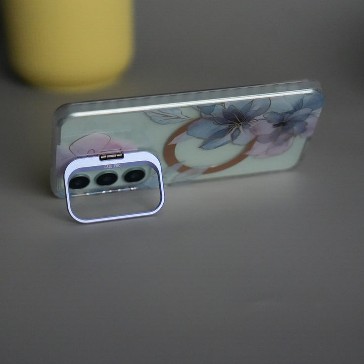 Galaxy S25 FloraCrystal Clear Floral Design Case with Color Metal Camera Stand Frame