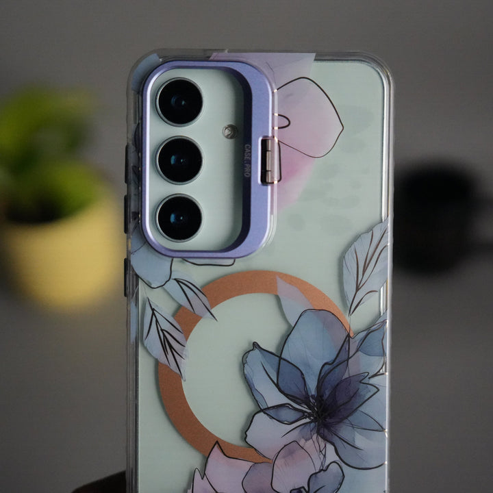 Galaxy S25 FloraCrystal Clear Floral Design Case with Color Metal Camera Stand Frame