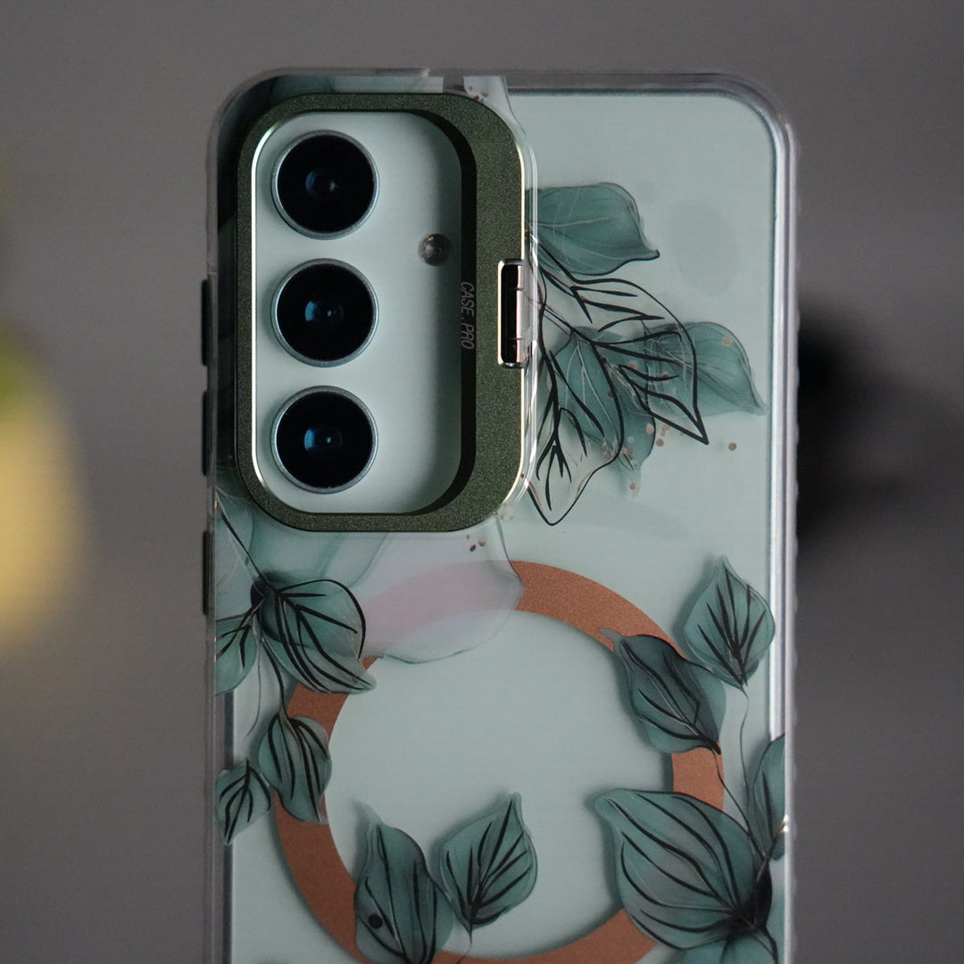 Galaxy S25 FloraCrystal Clear Floral Design Case with Color Metal Camera Stand Frame