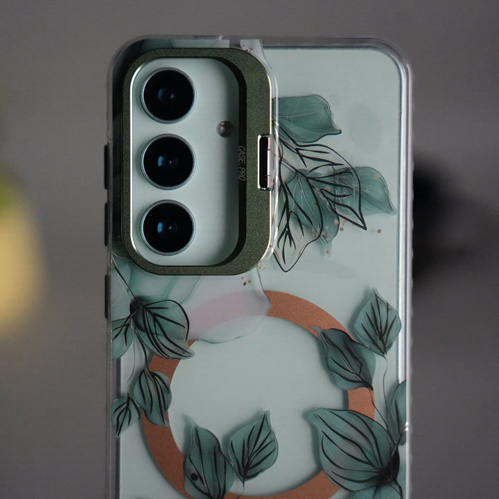 Galaxy S25 FloraCrystal Clear Floral Design Case with Color Metal Camera Stand Frame