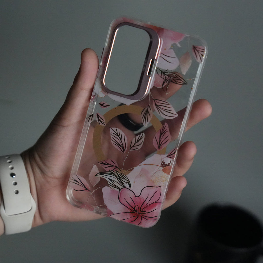 Galaxy S25 FloraCrystal Clear Floral Design Case with Color Metal Camera Stand Frame