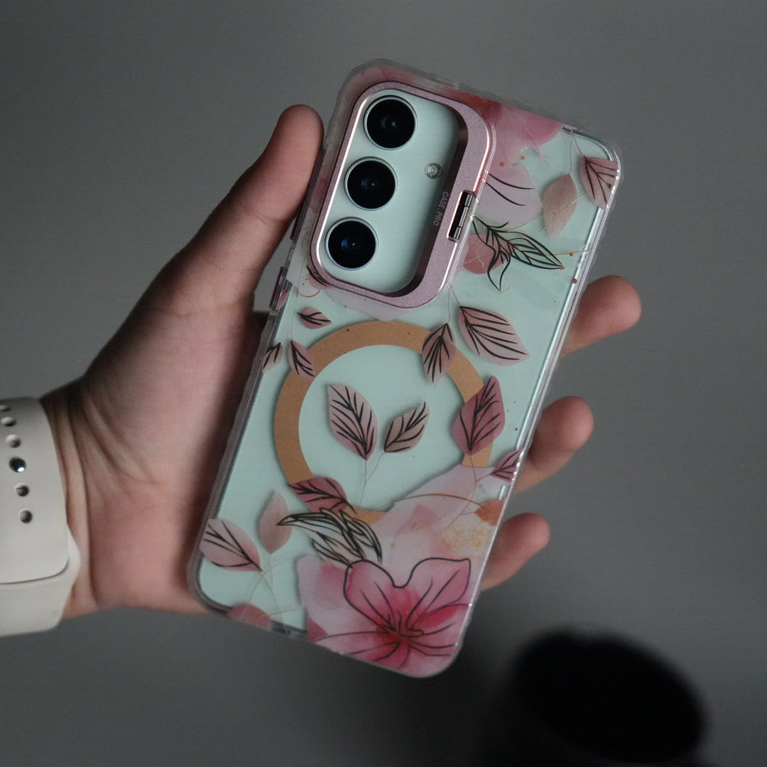 Galaxy S25 FloraCrystal Clear Floral Design Case with Color Metal Camera Stand Frame