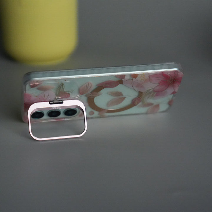 Galaxy S25 FloraCrystal Clear Floral Design Case with Color Metal Camera Stand Frame