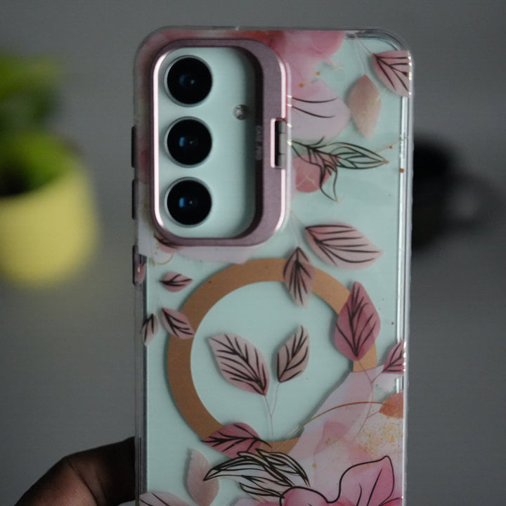Galaxy S25 FloraCrystal Clear Floral Design Case with Color Metal Camera Stand Frame