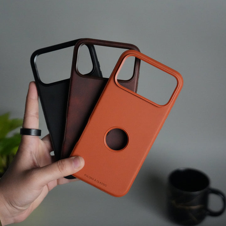 iPhone 17 Pro PU Leather Logo Cut Plain Case Premium Finish Cover