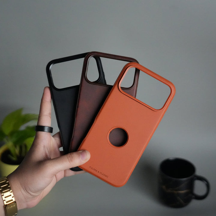 iPhone 17 Pro Max PU Leather Logo Cut Plain Case Premium Finish Cover