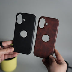 iPhone 17 PU Leather Logo Cut Plain Case Premium Finish Cover