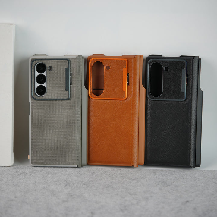 Samsung Galaxy Z Fold Series Premium Leather Textured Flip Case with Metal Kick Stand Cover