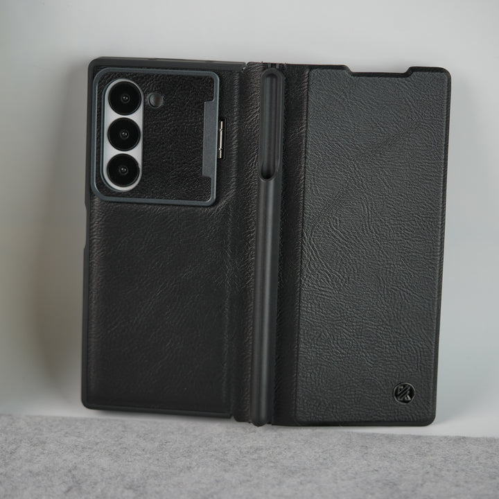 Samsung Galaxy Z Fold Series Premium Leather Textured Flip Case with Metal Kick Stand Cover