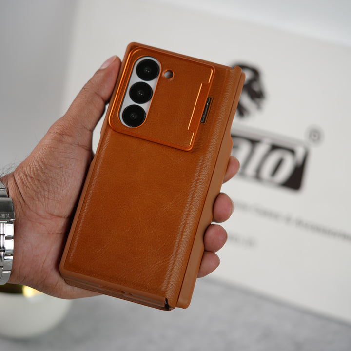 Samsung Galaxy Z Fold Series Premium Leather Textured Flip Case with Metal Kick Stand Cover