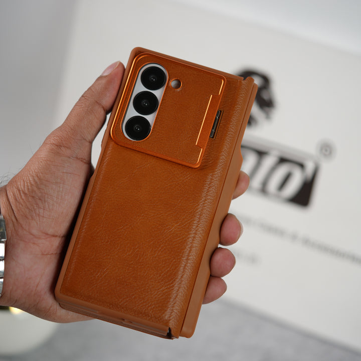 Samsung Galaxy Z Fold Series Premium Leather Textured Flip Case with Metal Kick Stand Cover