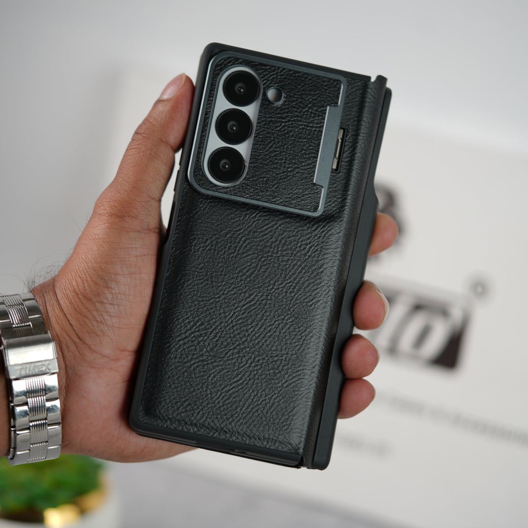 Samsung Galaxy Z Fold Series Premium Leather Textured Flip Case with Metal Kick Stand Cover