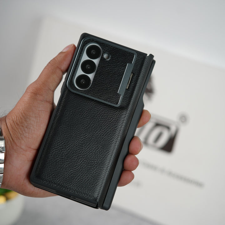 Samsung Galaxy Z Fold Series Premium Leather Textured Flip Case with Metal Kick Stand Cover