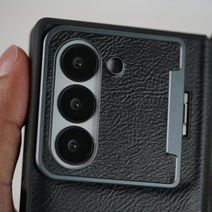 Samsung Galaxy Z Fold Series Premium Leather Textured Flip Case with Metal Kick Stand Cover