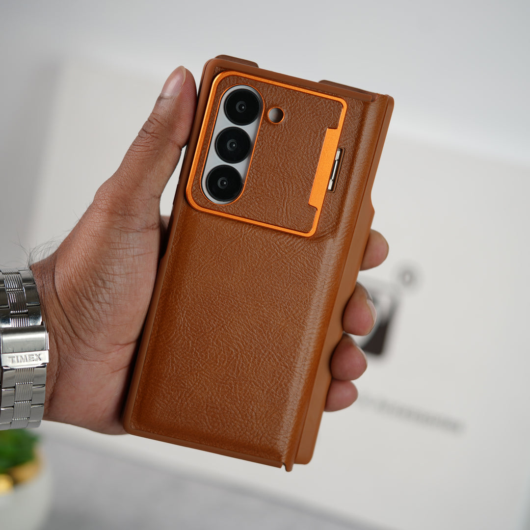 Samsung Galaxy Z Fold Series Premium Leather Textured Flip Case with Metal Kick Stand Cover