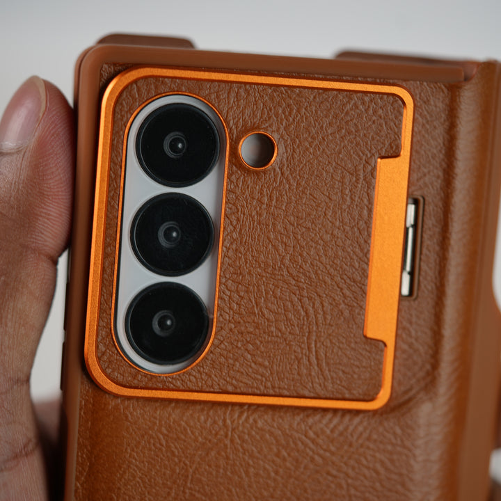 Samsung Galaxy Z Fold Series Premium Leather Textured Flip Case with Metal Kick Stand Cover