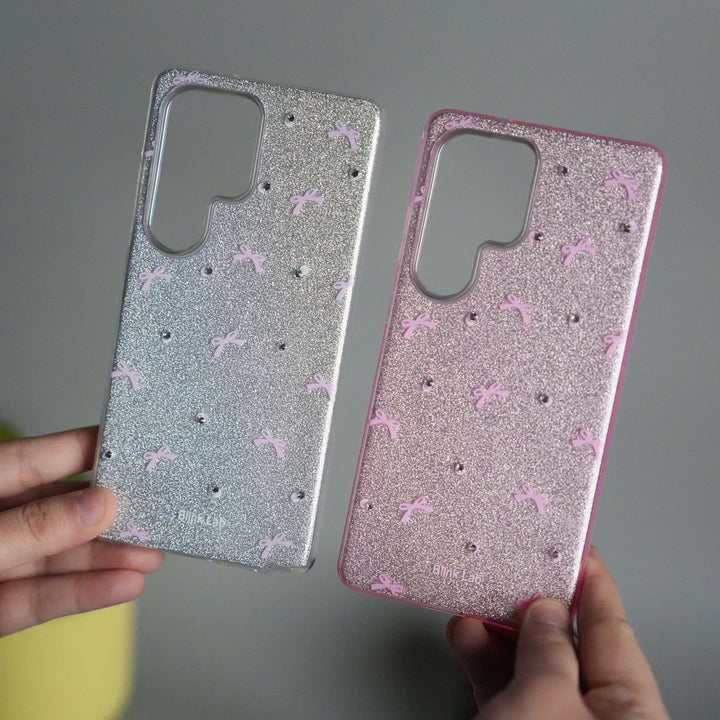 Galaxy S24 Ultra Shimmer Bow Design Case | With Mobile Wrist Holder Charm