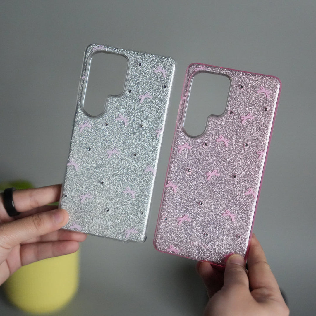 Galaxy S24 Ultra Shimmer Bow Design Case | With Mobile Wrist Holder Charm