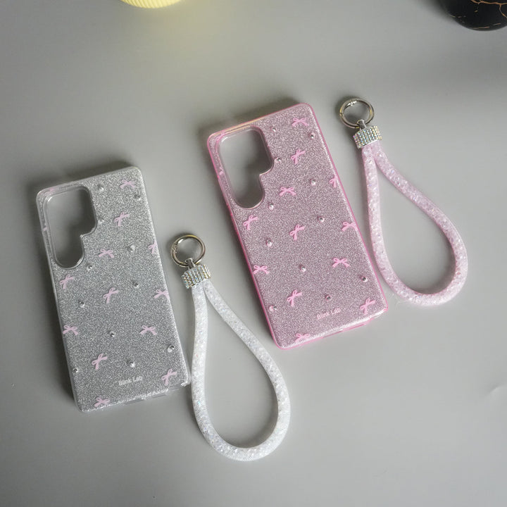 Galaxy S24 Ultra Shimmer Bow Design Case | With Mobile Wrist Holder Charm