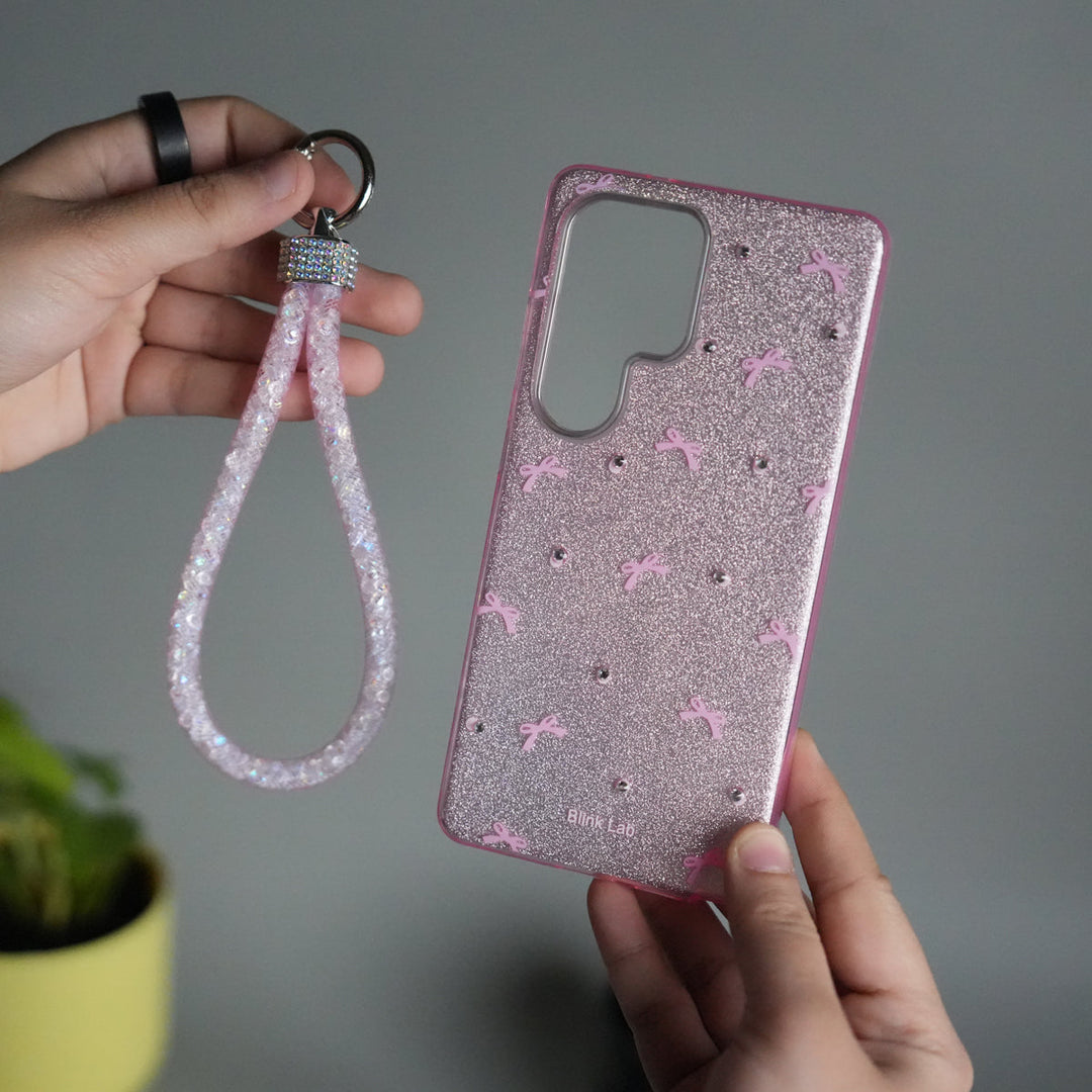 Galaxy S25 Ultra Shimmer Bow Design Case | With Mobile Wrist Holder Charm