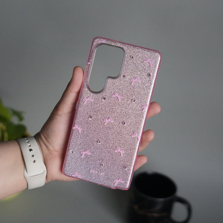 Galaxy S25 Ultra Shimmer Bow Design Case | With Mobile Wrist Holder Charm
