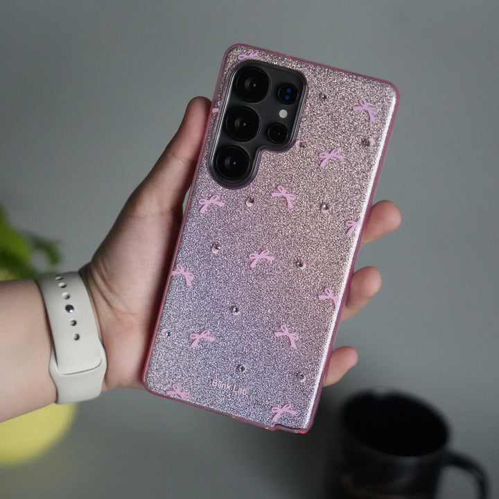 Galaxy S25 Ultra Shimmer Bow Design Case | With Mobile Wrist Holder Charm