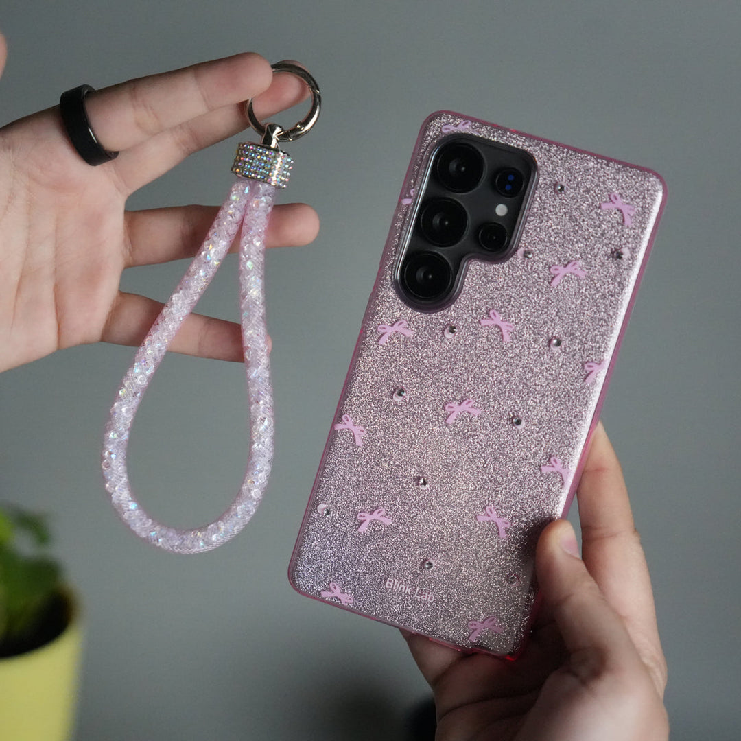 Galaxy S25 Ultra Shimmer Bow Design Case | With Mobile Wrist Holder Charm