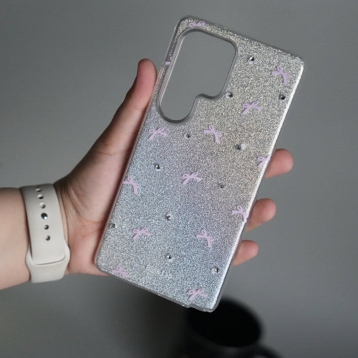 Galaxy S25 Ultra Shimmer Bow Design Case | With Mobile Wrist Holder Charm