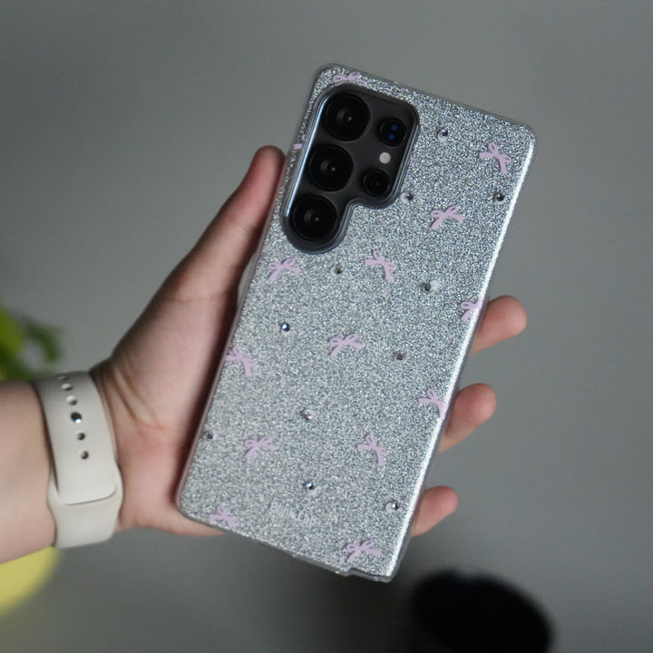 Galaxy S24 Ultra Shimmer Bow Design Case | With Mobile Wrist Holder Charm