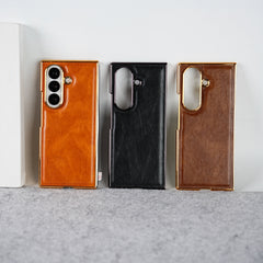Samsung Galaxy Z Fold 7 PU Leather Chrome Plated Front Screen Protector Case Cover