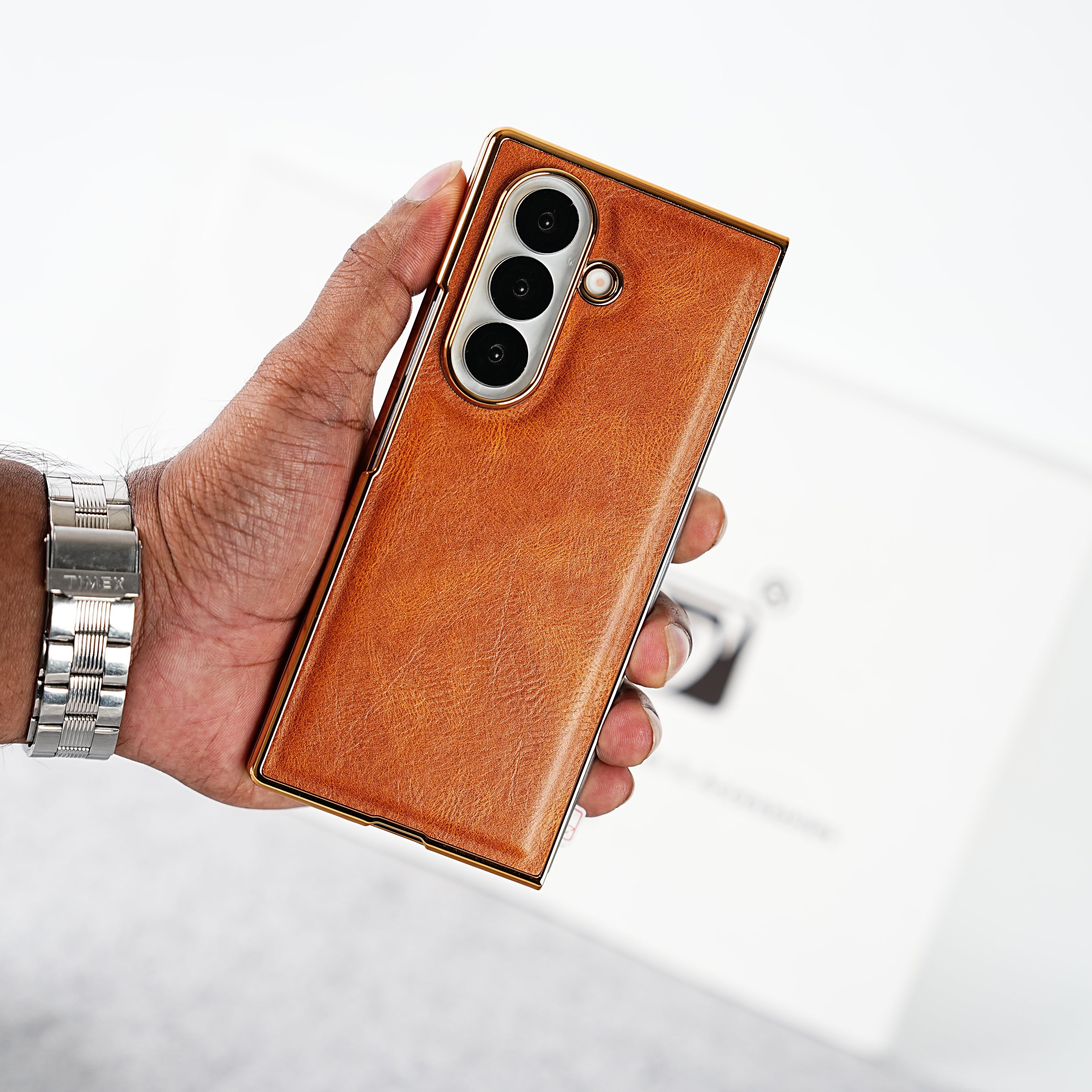 Samsung Galaxy Z Fold 7 PU Leather Chrome Plated Front Screen Protector Case Cover
