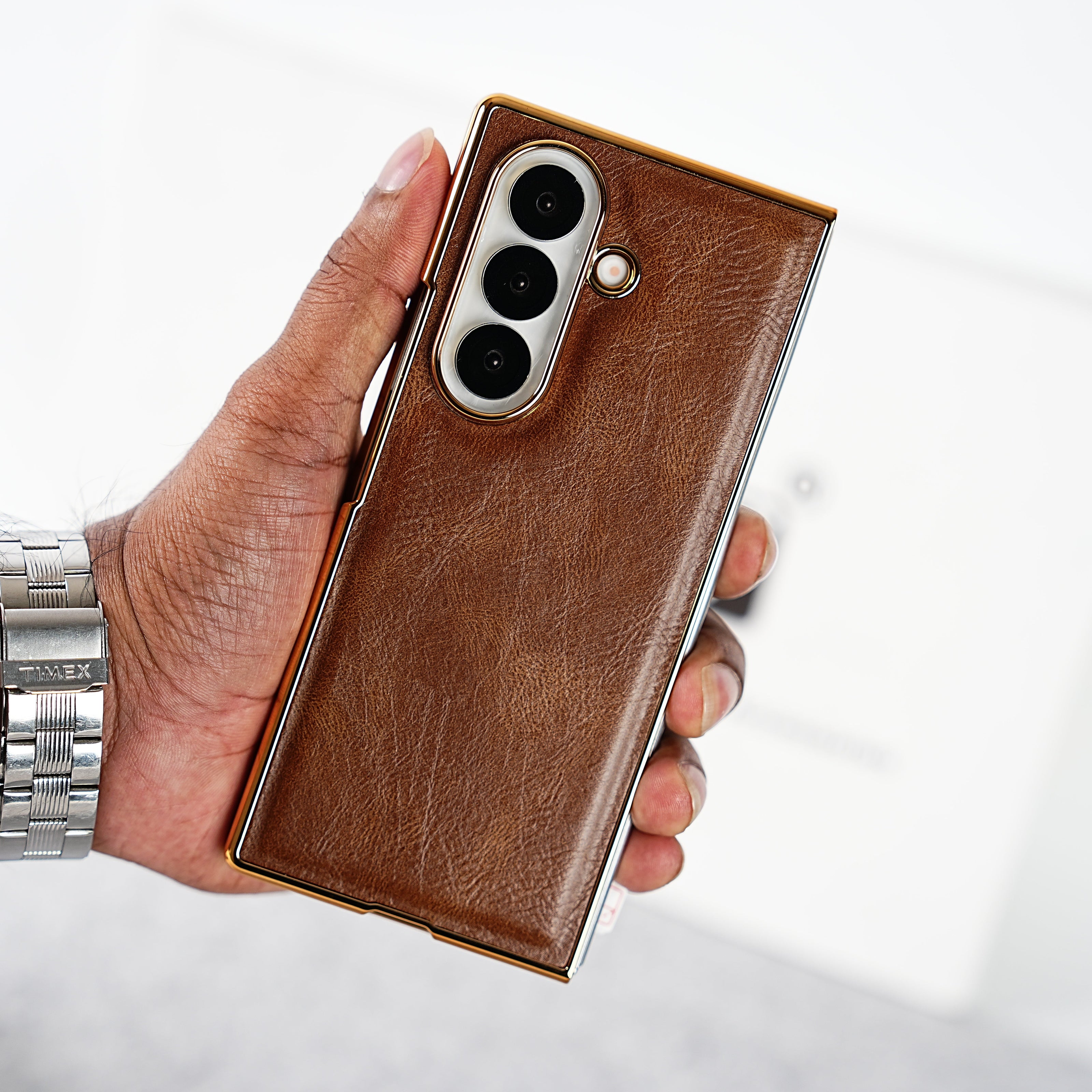Samsung Galaxy Z Fold 7 PU Leather Chrome Plated Front Screen Protector Case Cover