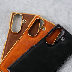 Samsung Galaxy Z Fold 7 PU Leather Chrome Plated Front Screen Protector Case Cover