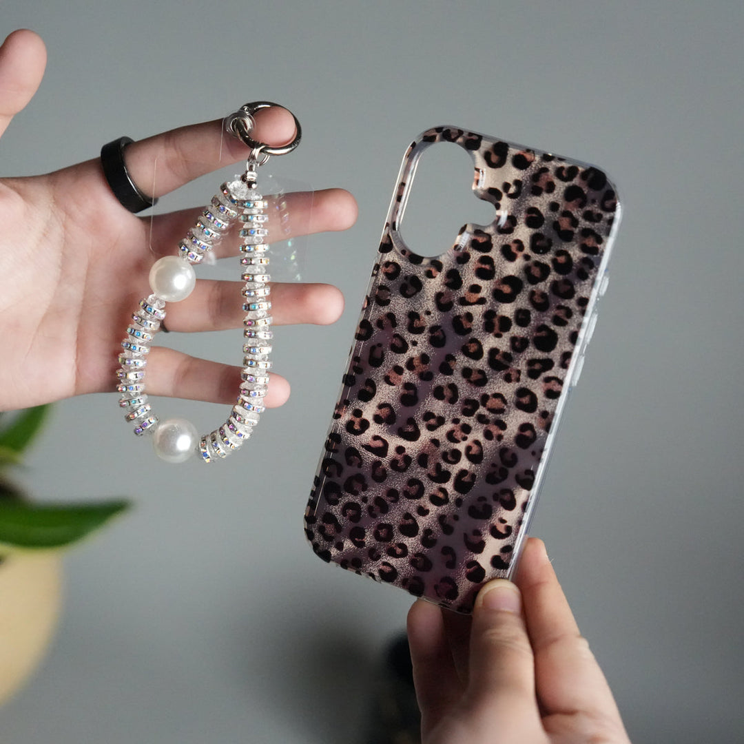 iPhone 16 Leopard Print Case with Beaded Wrist Strap | Cute Transparent Designer Cover