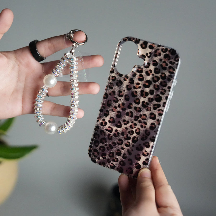 iPhone 17 Leopard Print Case with Beaded Wrist Strap | Cute Transparent Designer Cover