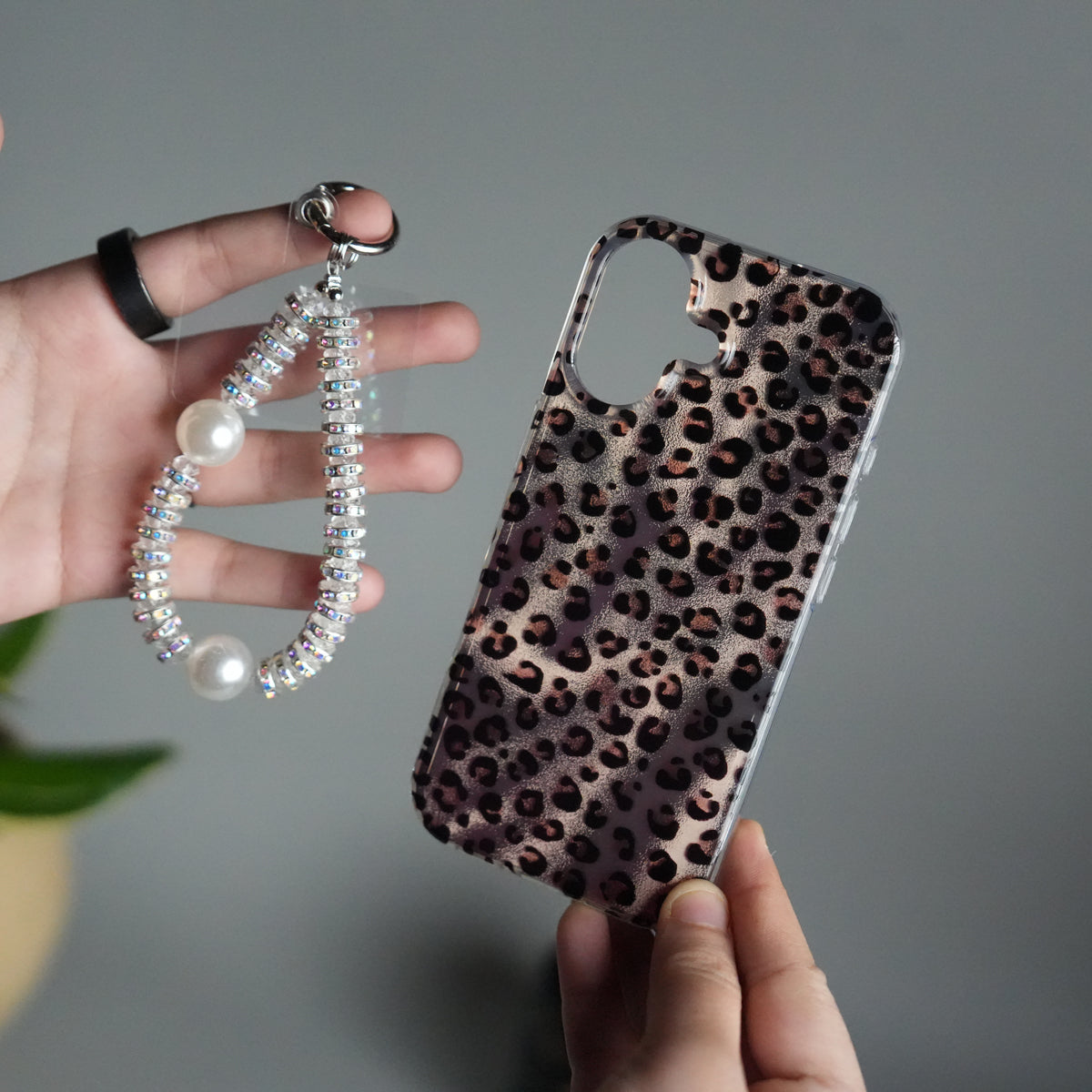 iPhone 17 Leopard Print Case with Beaded Wrist Strap | Cute Transparent Designer Cover
