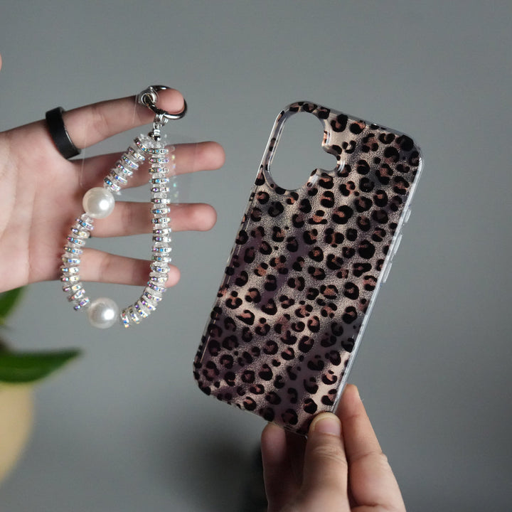 iPhone 17 Leopard Print Case with Beaded Wrist Strap | Cute Transparent Designer Cover