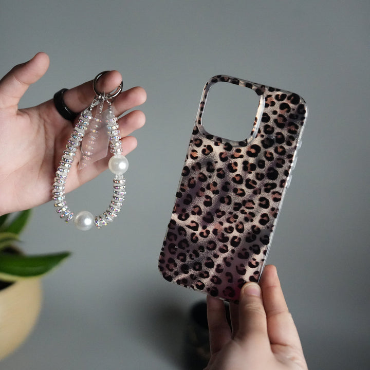 iPhone 16 Series Leopard Print Case with Beaded Wrist Strap | Cute Transparent Designer Cover
