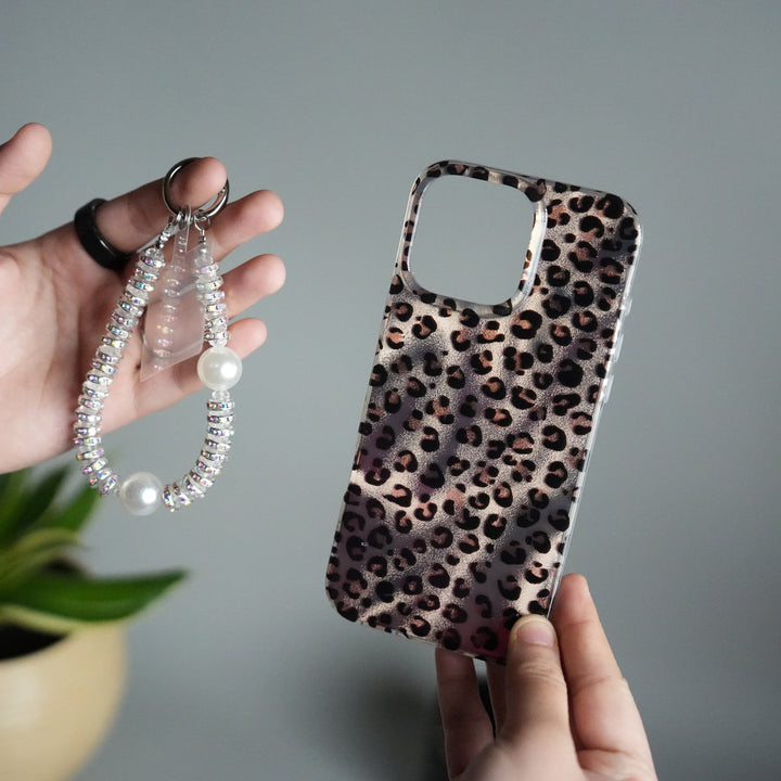 iPhone 16 Series Leopard Print Case with Beaded Wrist Strap | Cute Transparent Designer Cover
