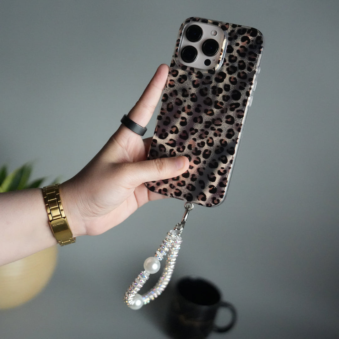 iPhone 16 Series Leopard Print Case with Beaded Wrist Strap | Cute Transparent Designer Cover