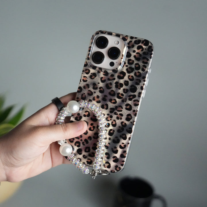 iPhone 16 Series Leopard Print Case with Beaded Wrist Strap | Cute Transparent Designer Cover