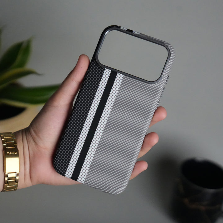 iPhone 17 Series Carbon Fiber Texture Aramid Design Hard Pc MagSafe Cover | Stripe Design