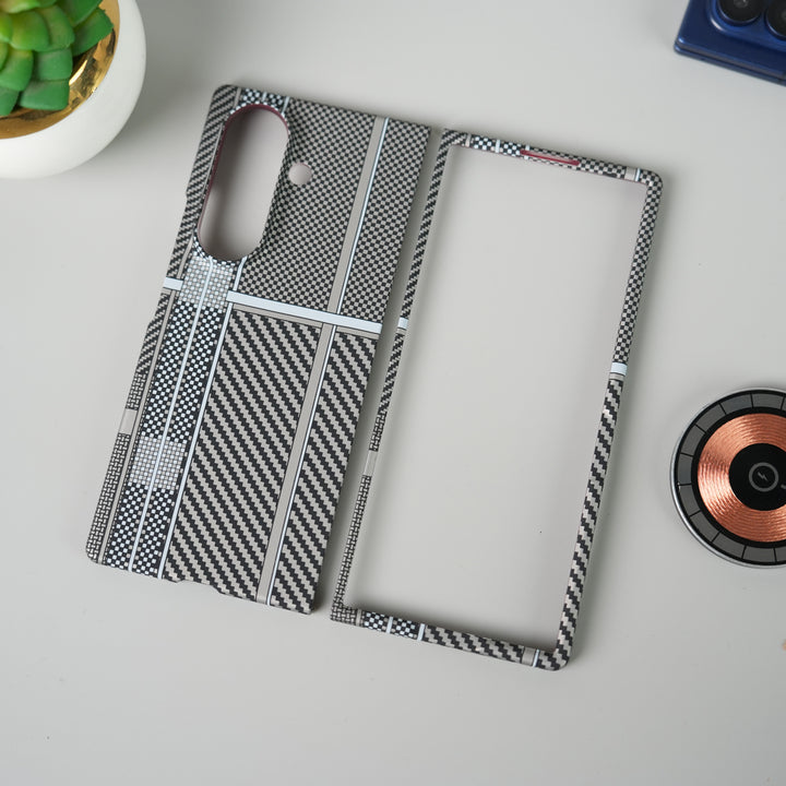 Samsung Galaxy Z Fold 7 Carbon Fiber Aramid Texture Case | Hard PC Slim MagSafe Cover (Gray Grid)