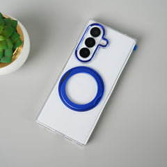 Samsung Galaxy Z Fold 7 Transparent Magnetic Ring Case | Clear Shockproof Back Cover with Kickstand Grip (Blue)