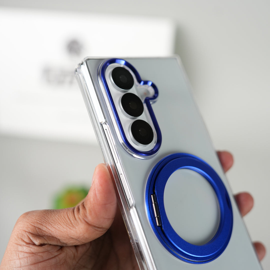 Samsung Galaxy Z Fold 7 Transparent Magnetic Ring Case | Clear Shockproof Back Cover with Kickstand Grip (Blue)